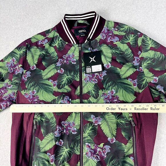 GSTQ Jacket Mens Medium Burgundy Green Floral Bomber Varsity Lightweight Zip Up - Picture 9 of 15